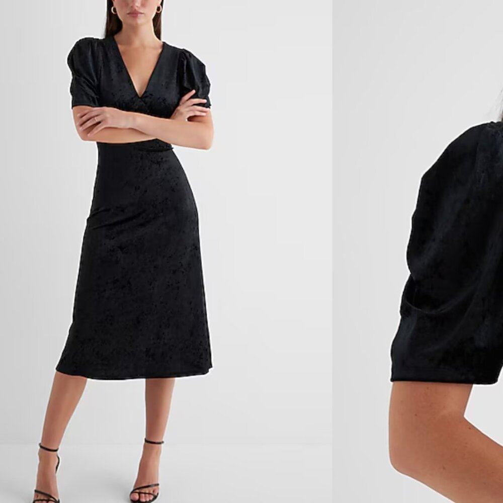 Crushed Velvet V-Neck Puff Sleeve Midi Dress NWT